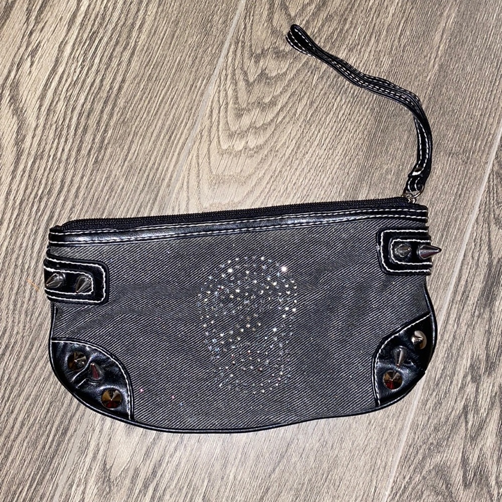 Denim studded skull wristlet zip up clutch